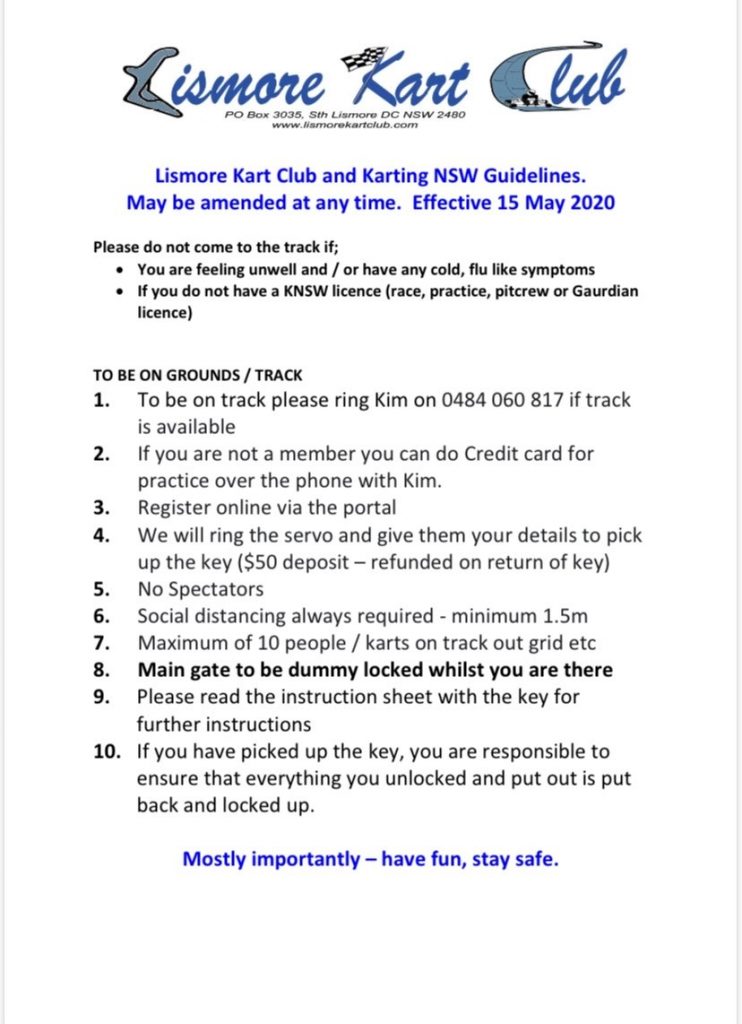 Lismore Kart Club And Karting NSW Practice Guidelines as of 15 May 2020